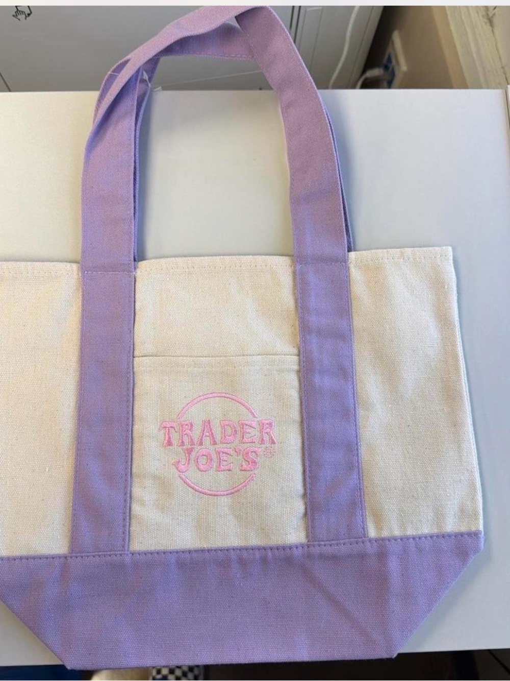 Trader Joe's Cream Canvas Tote with Lavender Trim